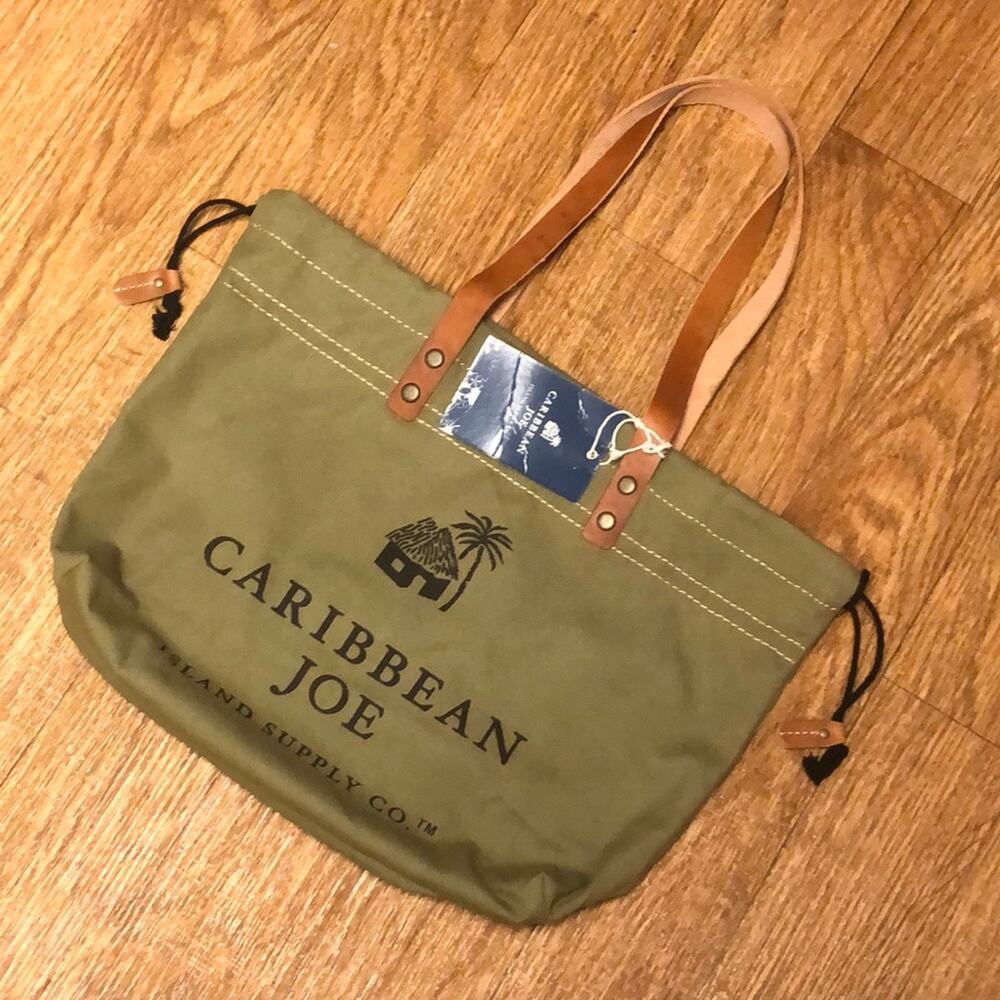 Caribbean Joe Green and Black Cotton Canvas Tote with Brown Leather Strap